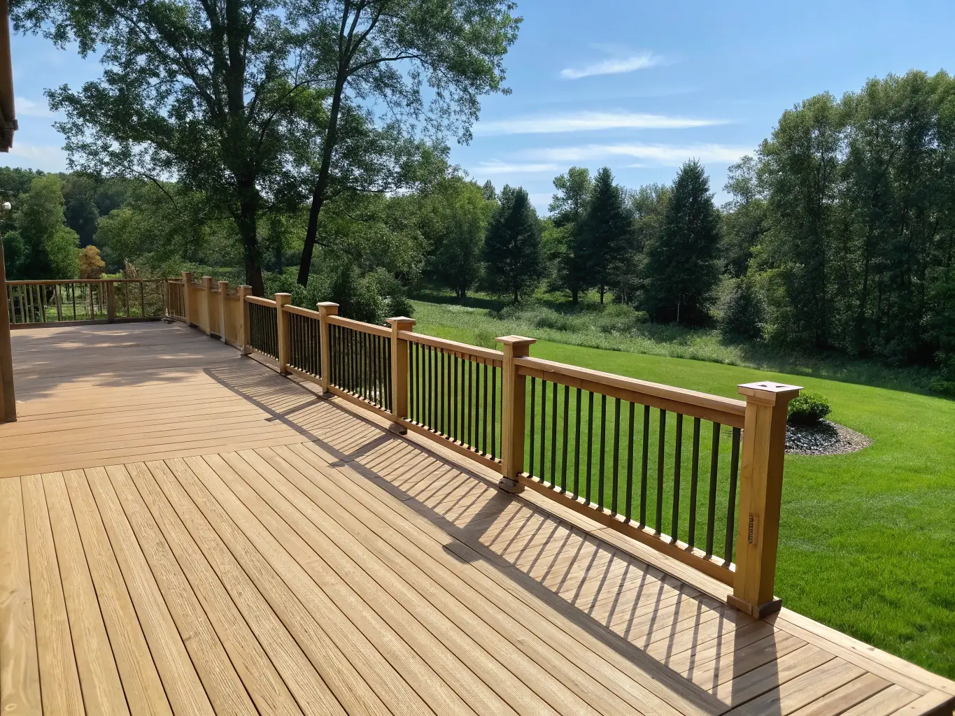 A wooden deck and patio area, freshly cleaned and restored, with outdoor furniture neatly arranged, showcasing the inviting and well-maintained space after Florida Coast Power Washing LLC's cleaning service.