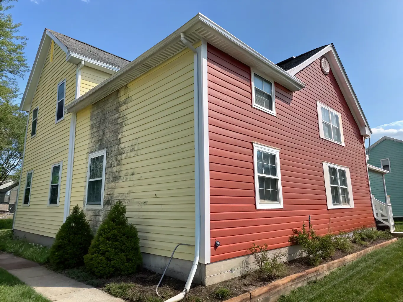 A house with vinyl siding, half of which is visibly cleaner than the other, demonstrating the dramatic before-and-after effect of Florida Coast Power Washing LLC's siding cleaning service.