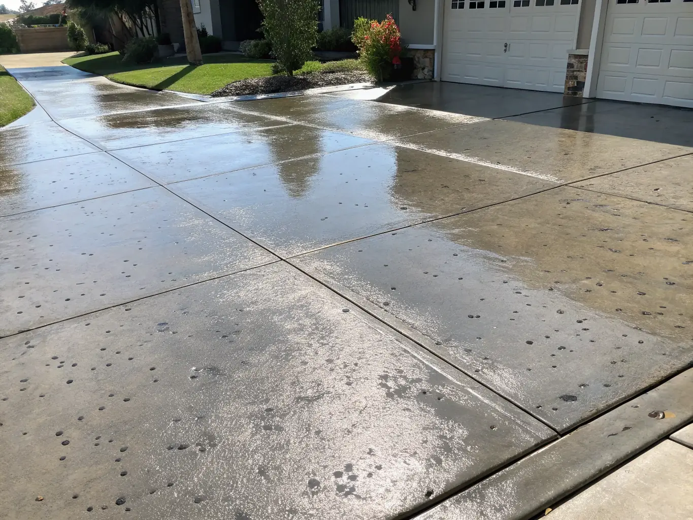 A freshly power-washed driveway, showcasing clean, uniform concrete with no stains or dirt, highlighting the effectiveness of Florida Coast Power Washing LLC's driveway cleaning service.