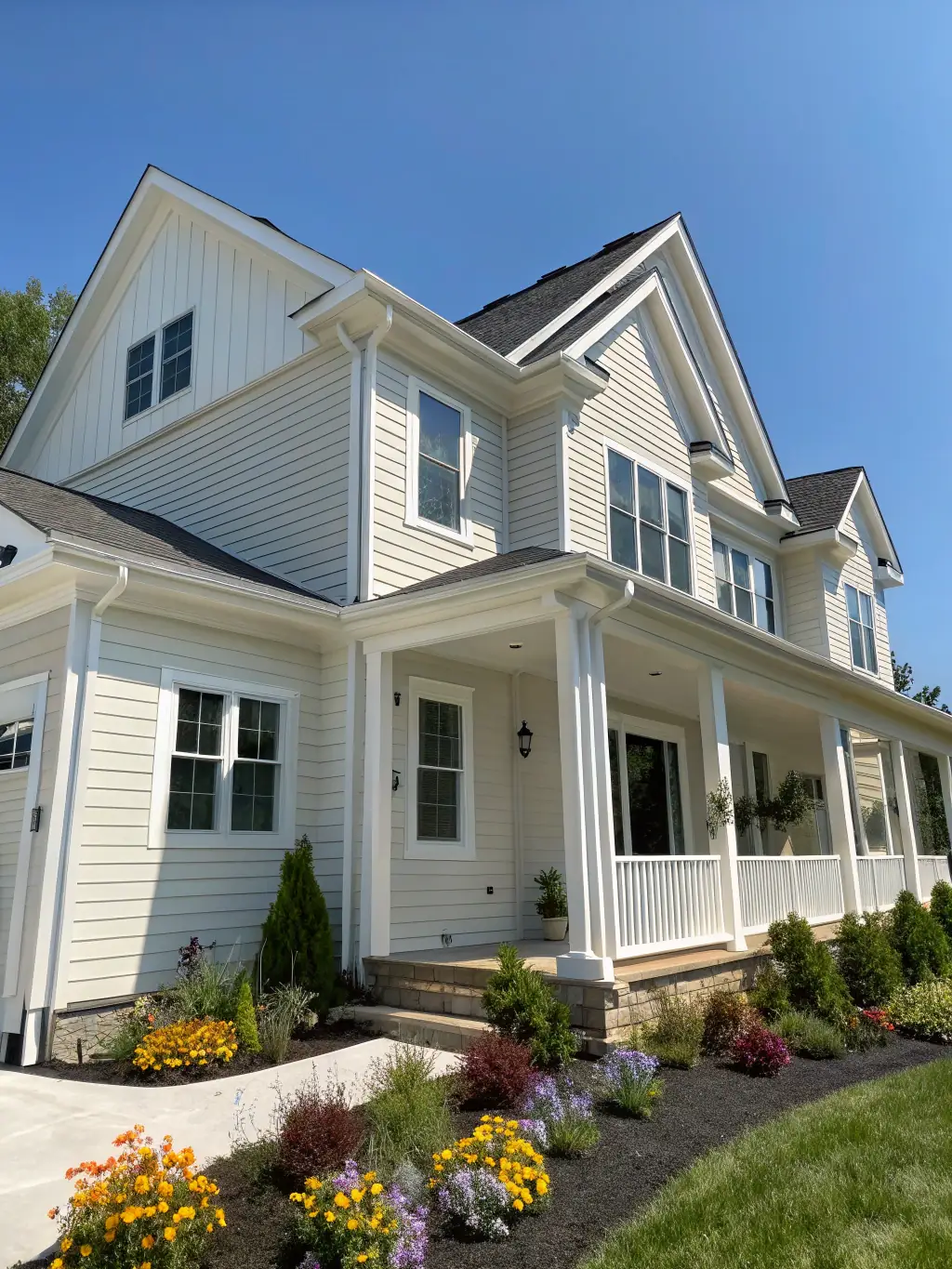A vibrant image of a house with freshly cleaned brick and vinyl siding, highlighting the quality of Florida Coast Power Washing LLC's house siding cleaning.